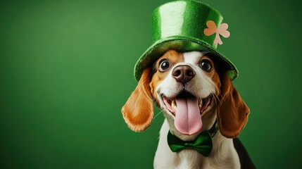 Playful dog in a leprechaun hat, tongue out, against a lively green background, bringing St. Patrick's Day cheer
