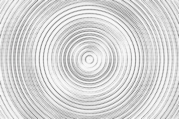 Radial halftone gradient background. Dotted concentric texture with fading effect. Black and white circle shade wallpaper. Grunge rough vector. Monochrome backdrop