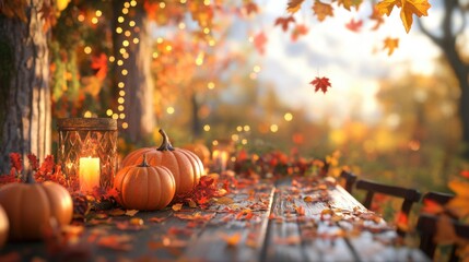 A festive 3D rendering of Thanksgiving decorations, including pumpkins, autumn leaves, and a rustic table setting, evoking warmth and celebration.