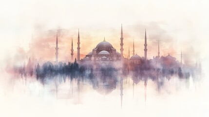 A serene watercolor depiction of a beautiful skyline with a majestic mosque at sunrise.