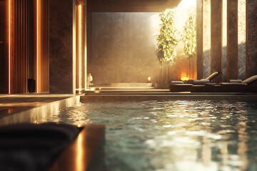 A luxurious spa environment that highlights relaxation with rich textures and opulent materials
