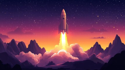 Fototapeta premium A colorful graphic of a rocket launching into a starry sky over mountains, surrounded by clouds and a stunning sunset backdrop