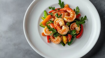 Stir-fried shrimp with crunchy vegetables, beautifully arranged on a white plate, ready to be served.