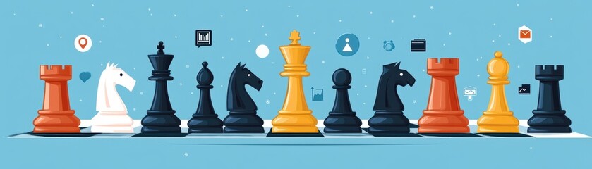 A digital illustration of a chess game featuring black, white, and orange pieces against a teal background, symbolizing strategy and competition.