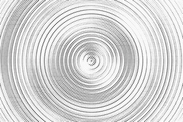 Radial halftone gradient background. Dotted concentric texture with fading effect. Black and white circle shade wallpaper. Grunge rough vector. Monochrome backdrop