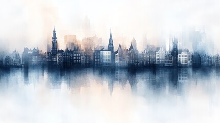 Obraz premium A serene city skyline reflecting in calm waters, enveloped in soft mist and pastel colors, evoking a tranquil atmosphere.