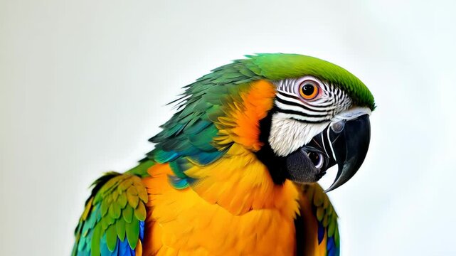 A bright macaw parrot with green, blue and yellow plumage on a light background.