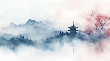 Fototapeta premium A serene watercolor landscape featuring mountains, a pagoda, and delicate trees shrouded in mist, evoking tranquility and beauty.