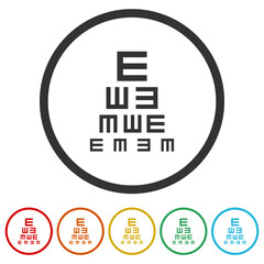Ophthalmic eye care test chart icon. Set icons in color circle buttons