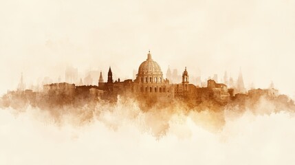 Obraz premium A beautiful watercolor illustration of a historic city skyline blending soft hues, perfect for design projects or wall art.