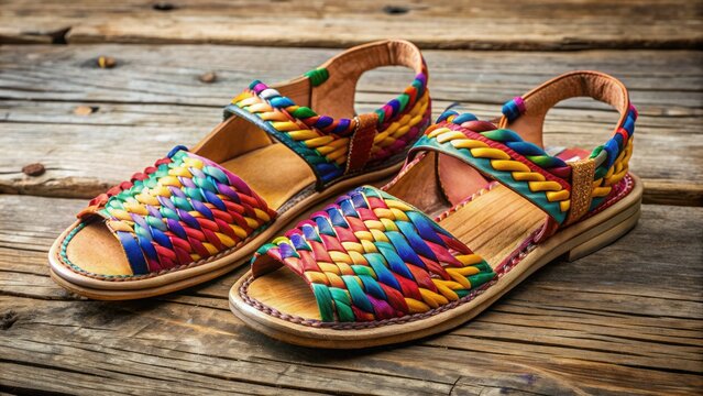 Traditional Mexican huarache sandals made from woven leather straps and soles, adorned with colorful stitching and decorative metal buckles, resting on a rustic wooden surface.