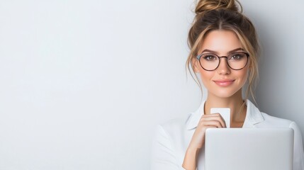 A confident woman in glasses holds a note while posing with a laptop against a light background, showcasing professionalism.