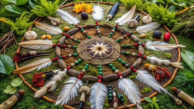 Traditional Native American medicine wheel made of feathers, beads, and bones, surrounded by sacred plants, symbolizing harmony and balance with nature.