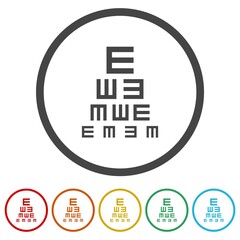 Ophthalmic eye care test chart icon. Set icons in color circle buttons