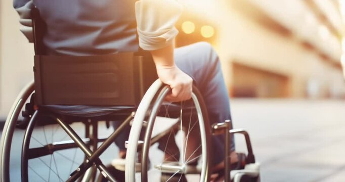 man in wheelchair with physical disability mobility disorder. concept of disability inclusion, insurance, equipment accessibility. slow motion