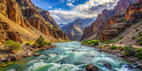 Mountain river flowing through a rugged gorge , nature, water, stream, rocks, canyon, wilderness, outdoors, landscape