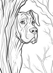 a drawing of a dog with a tree in the background