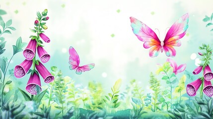 A fantastical land with cartoon foxgloves and watercolor wings