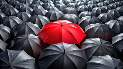 Red umbrella standing out among black umbrellas in a crowd , unique, standout, contrast, individuality, standout