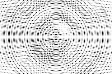 Radial halftone gradient background. Dotted concentric texture with fading effect. Black and white circle shade wallpaper. Grunge rough vector. Monochrome backdrop	