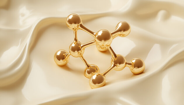 ceramide molecular structure symbol, in polished gold, sitting in shallow white cream, representing collagen, retinol, or ceramide used in skin care cosmetic products