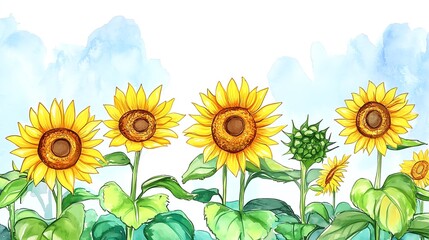 Obraz premium Cartoon sunflowers in a vibrant watercolor festival
