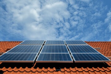 Hausdach mit Solarplatten vor blauem Himmel with generative ai