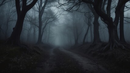 Obraz premium A Foggy Forest Path with Silhouetted Trees
