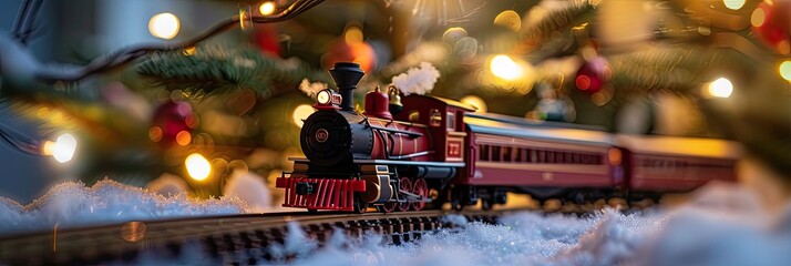 Toy train running around the Christmas tree