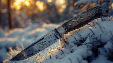 A close-up view of a knife partially buried in the snow, set against a backdrop of a serene forest with sunlight filtering through the trees in the background