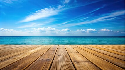 Fototapeta premium Wooden floor isolated on a blurred background of calm sea and blue sky in summer , wooden plank, flooring, product display
