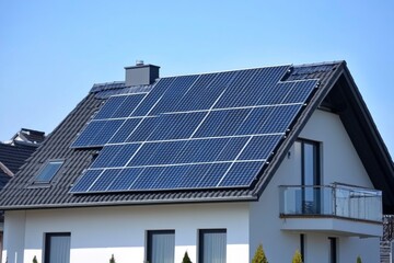 Obraz premium Hausdach mit Solarplatten vor blauem Himmel with generative ai