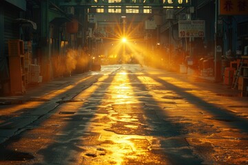 Golden Sunrise Illuminates a Narrow Street in an Asian City