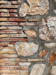 Old brick wall with rough layers of plaster, close-up. Texture for grunge background. Plaster with dirty stains and watermarks, different bricks. Deterioration of the outer wall.
