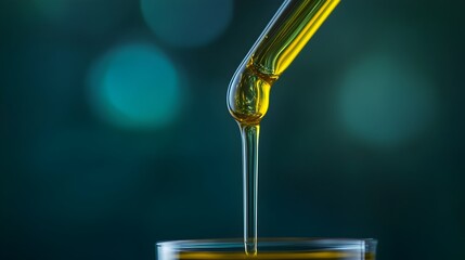 Closeup of hemp oil slowly dripping from an extraction tube into a glass container highlighting the purity clarity and natural properties of this botanical ingredient used in wellness beauty
