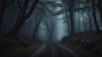 Obraz premium A Foggy Forest Path Leading into the Unknown
