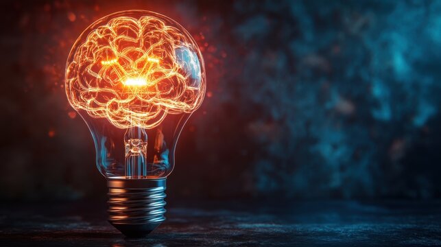 Illuminated fluorescent light bulb shaped as a brain, symbolizing bright ideas and intelligence in a glowing abstract representation on dark background