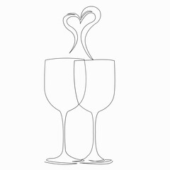 One continuous single drawn line art doodle  glass, heart, celebration, alcohol, wine. isolated image hand-drawn contour on a white background