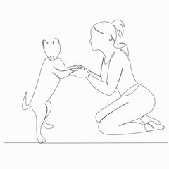 One continuous single drawn line art doodle vector, dog, cute, illustration, girl. isolated image hand-drawn contour on a white background