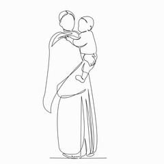 One continuous single drawn line art doodle hand, doodle, baby, child, indian, mother, kid. isolated image hand-drawn contour on a white background