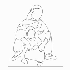 One continuous single drawn line art doodle people, indian, mother, child, baby. isolated image hand-drawn contour on a white background