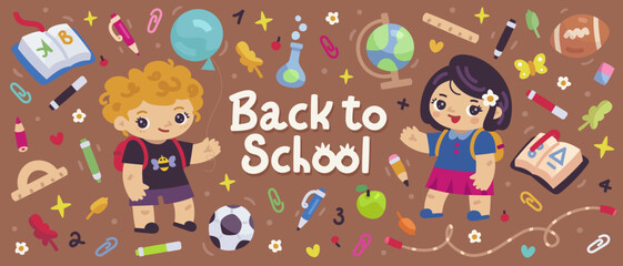 Back to school cartoon banner design template with tudent kids character and school supplies set isolated on background. Elementary school horizontal poster. Pencil, book, globe. Vector ilustration