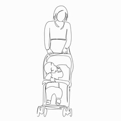 One continuous single drawn line art doodle mother, baby, woman, stroller, pram. isolated image hand-drawn contour on a white background