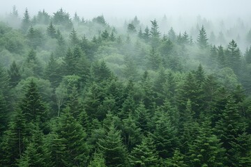 Obraz premium Misty Evergreen Forest with Dense Canopies