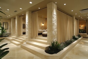 Modern Spa Interior with Stone Walls, Curtained Rooms, and Stone Steps