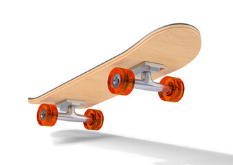 A skateboard with orange wheels is in the air © Miquel