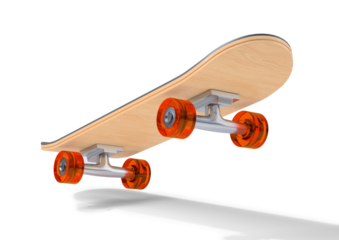 A skateboard with orange wheels is in the air