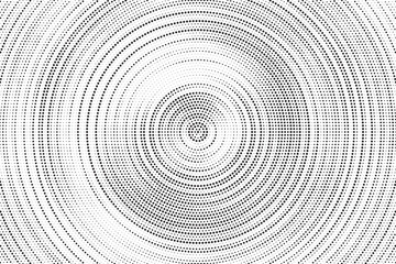 Radial halftone gradient background. Dotted concentric texture with fading effect. Black and white circle shade wallpaper. Grunge rough vector. Monochrome backdrop	