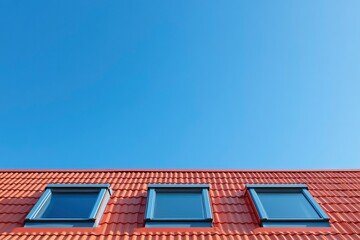 Fototapeta premium Hausdach mit Solarplatten vor blauem Himmel with generative ai