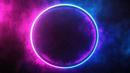 Circular neon futuristic sign frame in vibrant blue and purple tones, glowing against a dark, atmospheric background